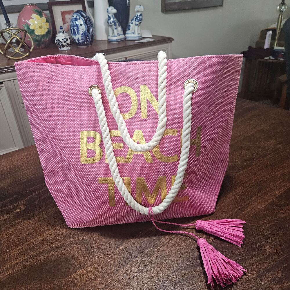 NWT Magid Pink Straw Beach Bag Tote Gold Script